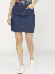 Tokyo Talkies Women Navy Blue Solid Cotton Slim-Fit A-line Denim Skirt