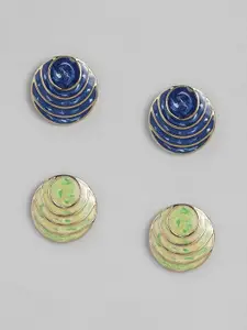 Estele Women St of 2 Green & Blue Circular Studs Earrings
