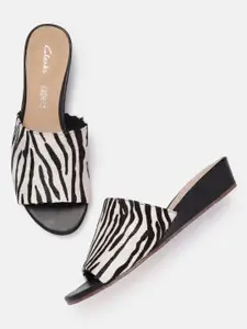 Clarks White & Black Tiger Printed Leather Wedge Heels