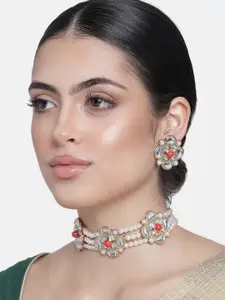Estele Gold Plated Traditional Kundan Chokar Necklace Set with Pearls Combination