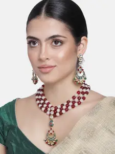 Estele Gold Plated Traditional Kundan and Ruby and white Pearls Necklace Set for Women