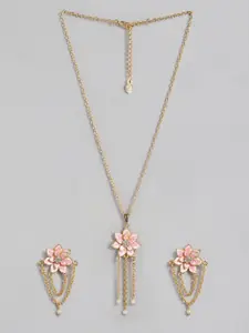 Estele Women Rose Gold Plated Flower Petal Rhinestone Pearls Drop Pendant Necklace Set