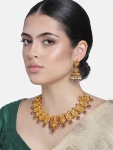 Estele Gold Plated Lakshmi Ji Matt Finish Temple Necklace Set With Crystals and Pearls