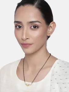 Estele Women Gold & Rhodium Plated Black Leaflet Textured Mangalsutra Necklace