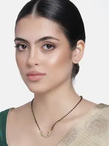 Estele Gold Plated Floral Leafy Textured Mangalsutra Necklace Set with Austrian Crystals