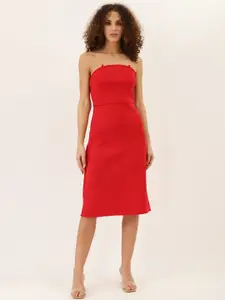 DODO & MOA Women Red Solid Off Shoulder Crepe Sheath Dress