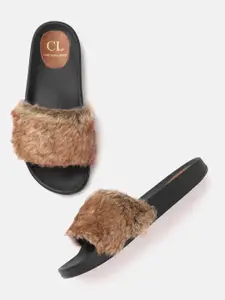 Carlton London Women Brown Faux Fur Open Toe Flats