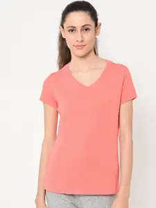 MAYSIXTY Women Peach-Coloured V-Neck T-shirt