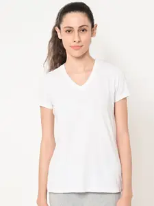 MAYSIXTY Women White V-Neck Raw Edge T-shirt