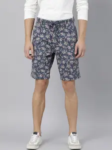RARE RABBIT Men Navy Blue Floral Printed Slim Fit Cargo Shorts