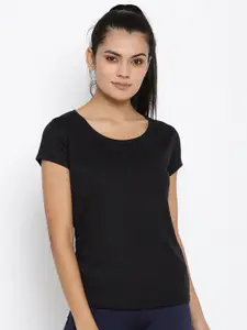 ScoldMe Women Black V-Neck Cut Outs Slim Fit T-shirt