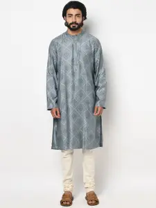 Fabindia Men Grey Geometric Printed Thread Work Kurta