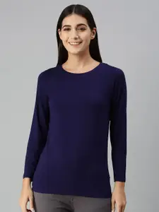 De Moza Women Navy Blue Drop-Shoulder Sleeves Pockets Loose T-shirt