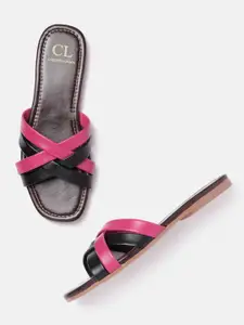 Carlton London Women Pink & Black Colourblocked Open Toe Flats
