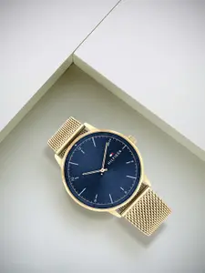 Tommy Hilfiger Men Blue Dial & Gold Toned Stainless Steel Bracelet Straps Analogue Watch TH1791877W