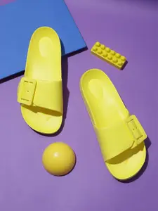 Kook N Keech Women Yellow Solid Rubber Sliders