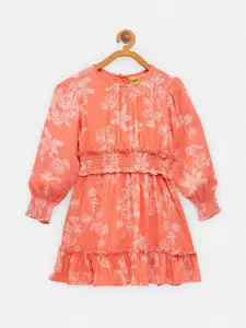 NYNSH Girls Peach-Coloured Floral A-Line Dress