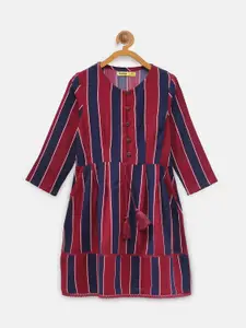 NYNSH Girls Maroon & Blue Striped Pure Cotton A-Line Dress