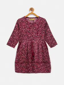 NYNSH Girls Maroon & Green Floral Printed Pure Cotton A-Line Dress