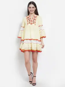 IX IMPRESSION Yellow & Red Embroidered Gathered Cotton Mini Empire Dress With Pom Pom