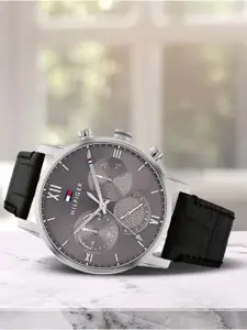 Tommy Hilfiger Grey Dial & Black Leather Straps Analogue Multi Function Watch TH1791883W