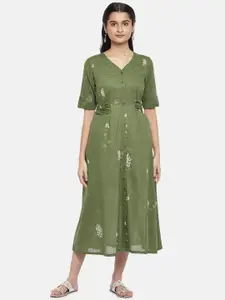AKKRITI BY PANTALOONS Green Floral Printed Shirt Pure Cotton Midi Dress