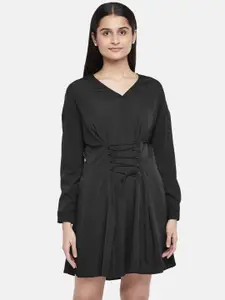 People Black Solid Wrap Flared Dress