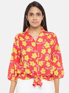 People Fuchsia & Yellow Floral Printed Shirt Style Top