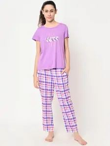 MAYSIXTY Women Purple Checked Night Suit