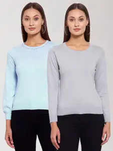 KLOTTHE Women Pack Of 2 Blue & Grey Wool Pullover with Embellished Detail