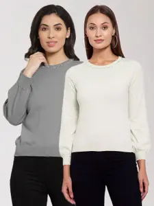 KLOTTHE Women Pack of 2 Grey & Off White Woolen Pullover Sweaters