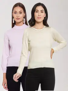KLOTTHE Women Pack of 2 Pink & Cream-Coloured Woolen Pullover Sweaters