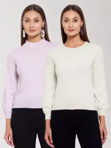 KLOTTHE Women Pack of 2 Pink & Off White Woolen Pullover Sweaters