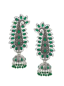ASMITTA JEWELLERY Green & Silver-Toned Contemporary Jhumkas Earrings