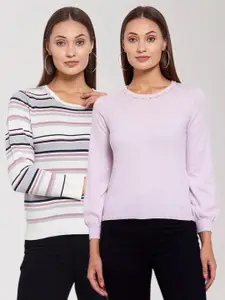 KLOTTHE Women Pack of 2 Lavender & White Woolen Pullover Sweaters
