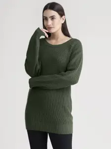 FableStreet Women Olive Green Ribbed Drop Shoulder Acrylic Pullover