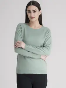 FableStreet Women Green Solid Pullover Acrylic Sweater
