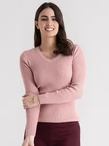 FableStreet Women Pink Ribbed Cotton Pullover