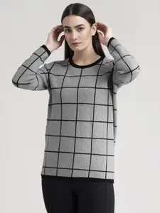 FableStreet Women Grey & Black Checked Acrylic Pullover