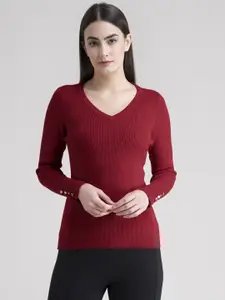 FableStreet Women Red Ribbed Pullover