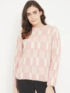 Madame Women Peach-Coloured & White Printed Wool Pullover