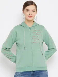 Madame Madame Women Green Hooded Fleece Sweatshirt
