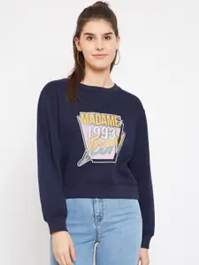 Madame Women Navy Blue Printed Fleece Sweatshirt