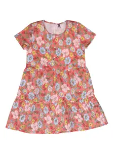 YK Girls Peach-Coloured Floral A-Line Dress