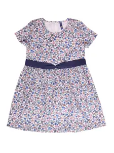 YK Girls White & Blue Floral Printed Pure Cotton Dress