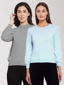 KLOTTHE Women Pack Of 2 Grey & Blue Wool Pullover