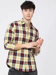 HIGHLANDER Men Yellow & Black Slim Fit Tartan Checks Opaque Checked Casual Shirt