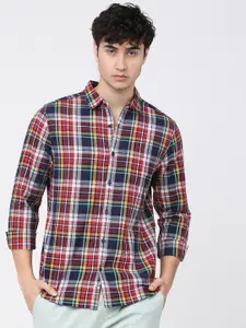 HIGHLANDER Men Navy Blue Slim Fit Tartan Checks Opaque Checked Cotton Casual Shirt