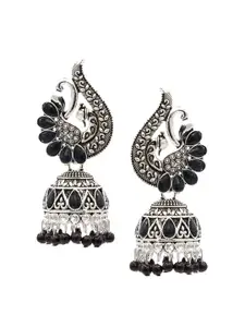 ASMITTA JEWELLERY Black & Oxidized Silver-Plated Peacock Shaped Jhumkas Earrings