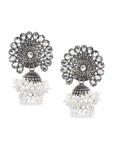 ASMITTA JEWELLERY Women Silver-Toned & White Pearl Beaded Oxidized Jhumka Earrings